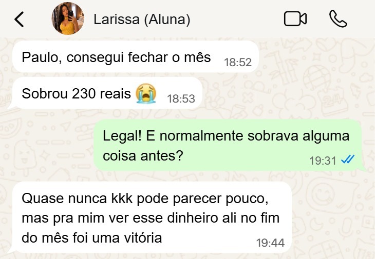 Depoimento de Larissa, R$ 230